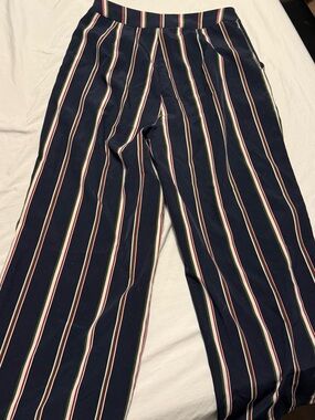 Navy Vertical Stripe Wide Leg Pants - Red, Cream & Green Stripes